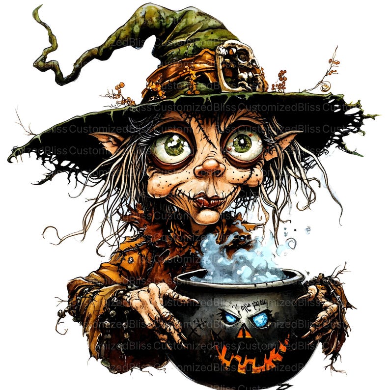 May include: A green-skinned witch with a pointed hat and long, white hair is stirring a cauldron with a bubbling blue liquid. The cauldron is decorated with a jack-o'-lantern face.