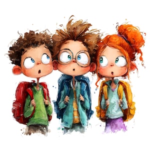 Könnte beinhalten: Aquarellillustration von drei überraschten Kindern mit Rucksäcken. Die Kinder haben unterschiedliche Haarfarben und -stile und tragen verschiedenfarbige Jacken und Hemden. Das Bild hat einen skurrilen, cartoonartigen Stil.