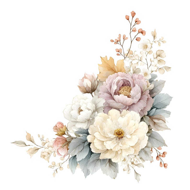 May include: A floral arrangement featuring large, layered peonies in shades of cream, white, and dusty mauve. The bouquet includes soft blue-grey foliage, delicate sprigs of small white flowers, and slender stems with tiny, round, light brown berries.
