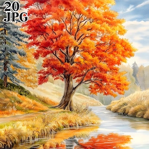 Könnte beinhalten: Ein Aquarellgemälde einer Herbstlandschaft. Ein großer Baum mit feuerroten und orangen Blättern dominiert die Szene, die sich im ruhigen Wasser eines Flusses spiegelt. Das Bild zeigt eine Straße und einen Wald.