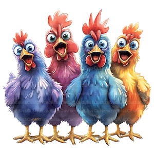 May include: A watercolor illustration of four cartoon chickens in various colors: purple, pink, blue, and yellow. Each chicken has an open beak, a red comb, and wide eyes, giving them a surprised expression. The image has a white background.