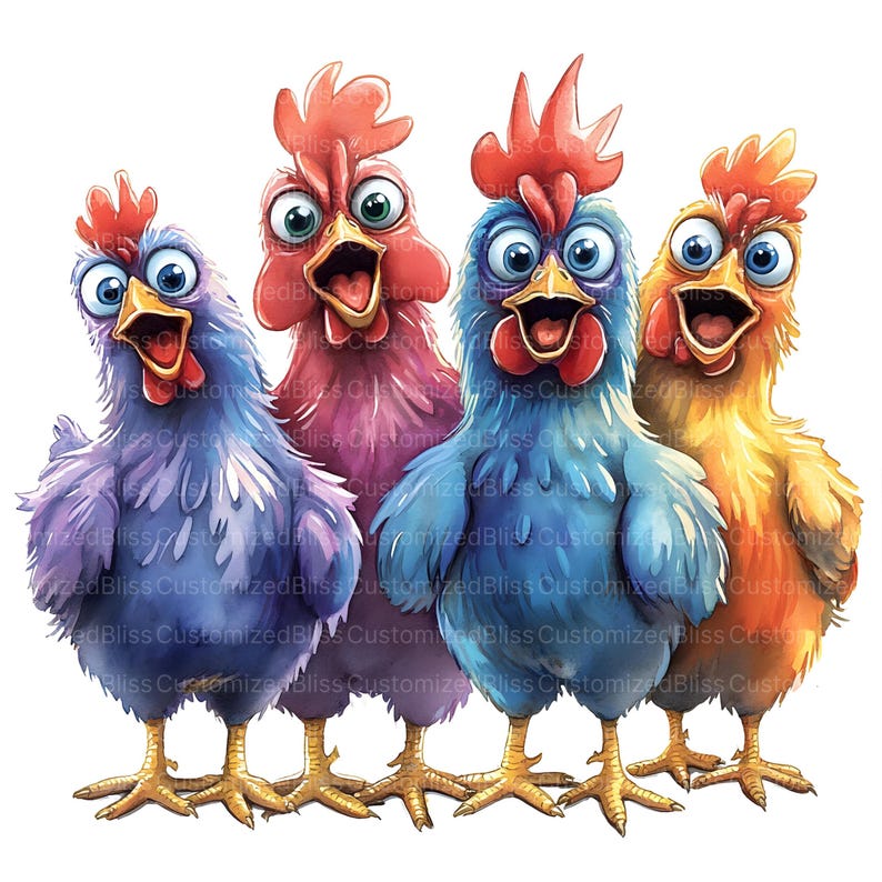 May include: A watercolor illustration of four cartoon chickens in various colors: purple, pink, blue, and yellow. Each chicken has an open beak, a red comb, and wide eyes, giving them a surprised expression. The image has a white background.