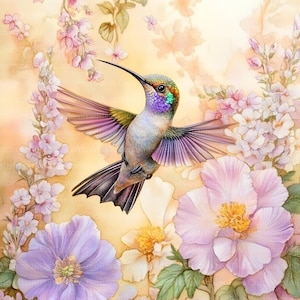 May include: A vibrant hummingbird with iridescent green and purple feathers hovers in a garden setting. The hummingbird is surrounded by delicate pink and purple flowers, creating a beautiful and colorful scene.