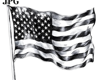 15 schizzi della bandiera americana USA Clipart, in bianco e nero, JPG di alta qualità, Junk Journal, download digitale, lavori di carta, uso commerciale