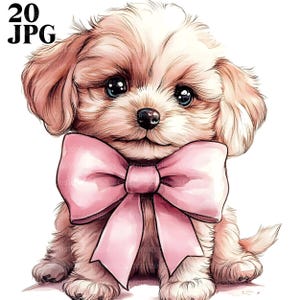 20 Welpen Clipart mit rosa Schleife, süße Hunde Illustration, Schleifen Clipart, Hunde Clipart, hochwertige JPGs, Junk Journal, digitaler Download, Basteln