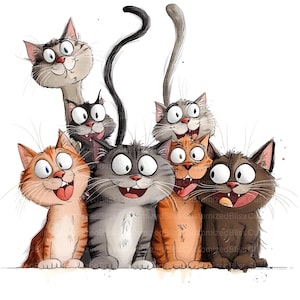 May include: A cartoon illustration featuring seven cats with large eyes and smiling faces. The cats are depicted in various colours, including ginger, grey, and brown. Their tongues are sticking out, creating a fun and cheerful image, perfect for a children's product.