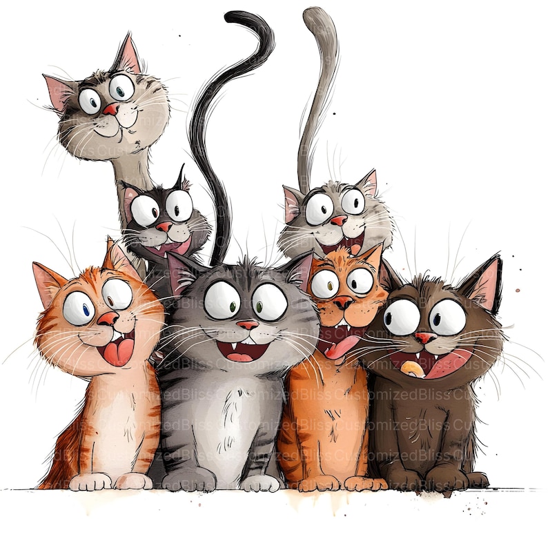 May include: A cartoon illustration featuring seven cats with large eyes and smiling faces. The cats are depicted in various colours, including ginger, grey, and brown. Their tongues are sticking out, creating a fun and cheerful image, perfect for a children's product.
