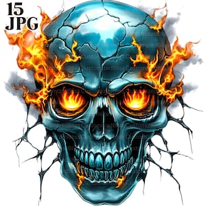 Tête de mort avec des flammes fantomatiques Clipart, Clipart tête de mort, 15 fichiers JPG de haute qualité, graphique tête de mort, Clipart gothique, Junk Journal, téléchargement numérique