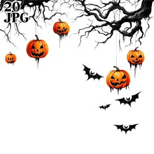 May include: Watercolor illustration of hanging orange jack-o'-lanterns with carved faces and black dripping accents. Black bats fly below the pumpkins, and the scene is set against a white background with a black tree branch.