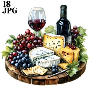 Kaas en wijn clipart, kaas clipart, wijnproeverij, gastronomisch eten, 18 hoge kwaliteit jpg's, junk Journal, digitale download, Paper Craft