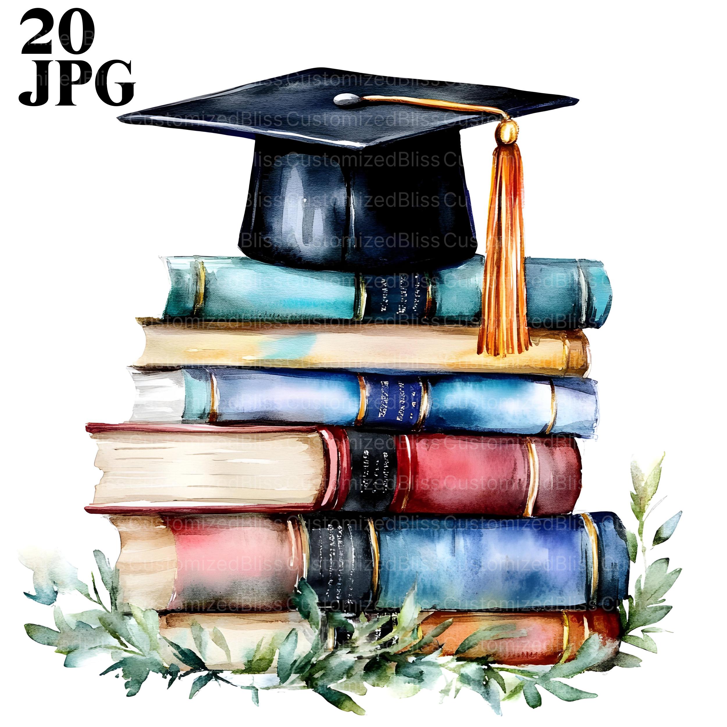 20 Graduation Hat on Books Clipart, Graduation Clipart, High Quality JPGs, Watercolor Clipart, Junk Journal, Digital Download, Paper Craft