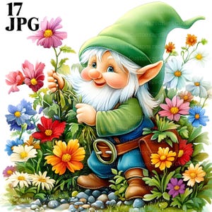 17 Spring Gnome Clipart, Gnome Garden, Spring Clipart, Nursery Gnomes, Springtime Clipart, High Quality JPGs, Junk Journal, Digital Download