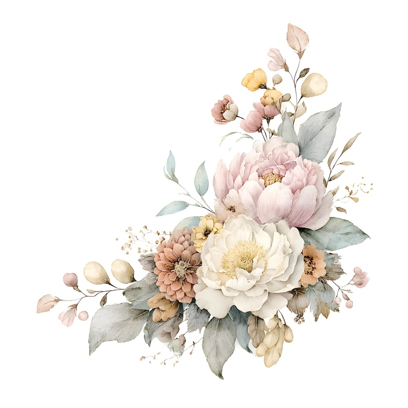 May include: A floral arrangement featuring a large pale pink peony, a white peony with a yellow center, and a smaller dusty rose dahlia. The bouquet includes muted green leaves, small yellow buds, and delicate stems, all organized in a corner cluster.