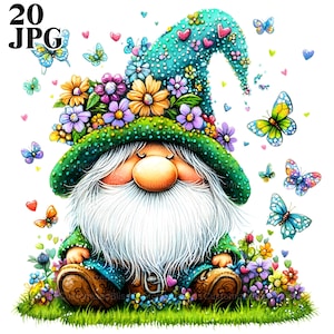 20 Aquarell Gnom Schmetterling Clipart, Gnom Clipart, Frühling Clipart, Gartenzwerg, Sommerzwerg, Fantasy Clipart, digitaler Download, JPG
