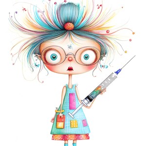 May include: A cartoon illustration of a girl with colorful hair, wearing glasses and a blue dress with colorful patches. She is holding a large syringe with a rainbow-colored liquid inside.