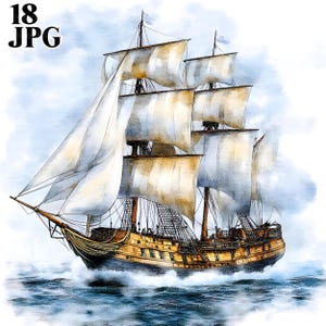 18 Pirate Ship Clipart, Nautical Ship Illustration, Pirate Boat Clipart, High Quality JPG, Watercolor Clipart, Junk Journal Digital Download