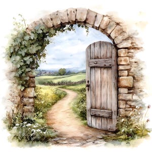 May include: A watercolour painting of a stone archway with a wooden door that is open, revealing a path leading through a field. The path is lined with green grass and wildflowers. The sky is blue with white clouds.
