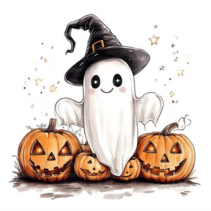 May include: A whimsical Halloween illustration featuring a friendly white ghost wearing a black witch hat with a gold buckle. The ghost is surrounded by four carved orange pumpkins with smiling faces and a scattering of golden stars.