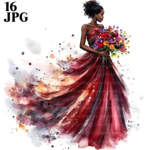 16 Afroamerykanka z kwiatami Clipart, Czarna dziewczyna, Afro kobieta, Czarna kobieta, Akwarela Clipart, Junk Journal, Pobieranie cyfrowe, JPG