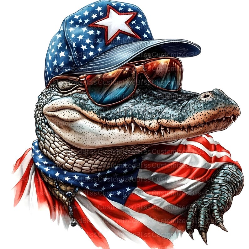 May include: A cartoon alligator wearing a blue and white American flag baseball cap, sunglasses, and a red, white, and blue American flag bandana.