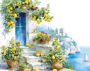 33 Amalfi Coast Clipart, Amalfi Clipart, Italian Coast, Coastal Landscape Clipart, Travel Clipart, Nature Clipart, Watercolor Clipart, JPG