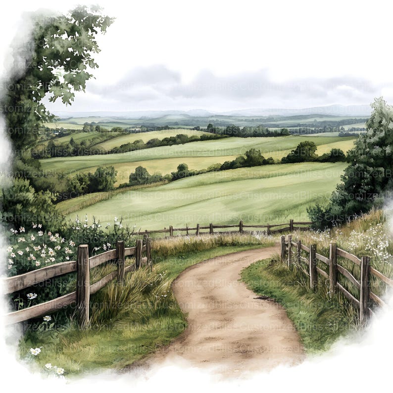 May include: A winding dirt road leads through a green rolling countryside with a wooden fence on either side. The road leads to a distant horizon with a cloudy sky.