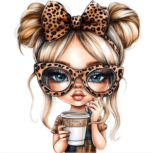 May include: A cartoon illustration of a girl with blonde hair in two buns wearing leopard print glasses, a leopard print headband, and a brown and white patterned shirt. She is holding a white to-go coffee cup with the text "ex wine o coffee" written on it.