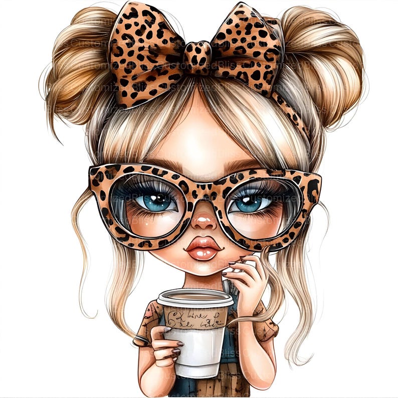 May include: A cartoon illustration of a girl with blonde hair in two buns wearing leopard print glasses, a leopard print headband, and a brown and white patterned shirt. She is holding a white to-go coffee cup with the text "ex wine o coffee" written on it.