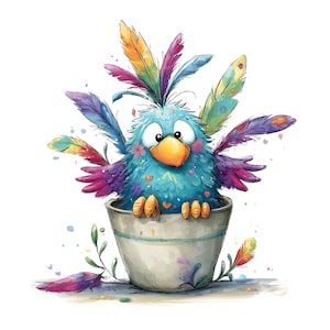 Op de afbeelding: Een pluizige blauwe vogel met grote ogen en een gele snavel zit in een lichtgrijze pot. De vogel is versierd met levendige, veelkleurige veren in tinten rood, paars, geel en groen, met verspreide verfspatten eromheen.