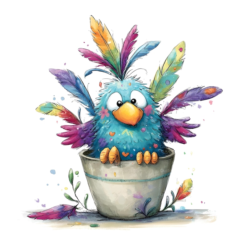 Op de afbeelding: Een pluizige blauwe vogel met grote ogen en een gele snavel zit in een lichtgrijze pot. De vogel is versierd met levendige, veelkleurige veren in tinten rood, paars, geel en groen, met verspreide verfspatten eromheen.