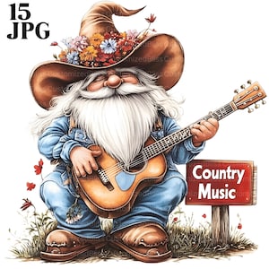 15 countrymuziek kabouter clipart, kabouter met gitaar en bloemen, country kunst voor ambachten, country muziek teken, country clipart, junk Journal, JPG