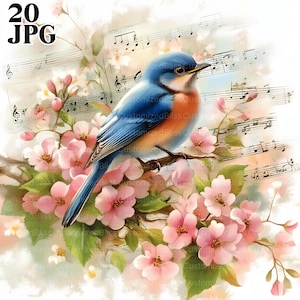 Songbirds Clip Art, 20 High Res Watercolor JPGs for Junk Journaling, Scrapbooking, Card Making, Digital Download Kit, Floral Clipart