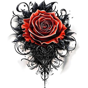 May include: A red rose with black leaves and intricate black swirls. The rose is surrounded by a black heart-shaped design with a pointed bottom.