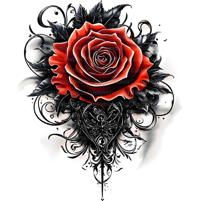 May include: A red rose with black leaves and intricate black swirls. The rose is surrounded by a black heart-shaped design with a pointed bottom.