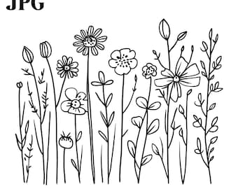 18 Doodle Wildflowers Clipart, Ręcznie rysowane kwiaty, Doodle Clipart, Clipart akwarelowy, Junk Journal, Pobieranie cyfrowe, Rękodzieło papierowe, JPG