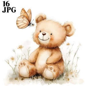 16 Nursery Teddy Bear Clipart, Nursery Clipart, High Quality JPG, Watercolor Clipart, Junk Journal, Digital Download, Paper Craft, Printable