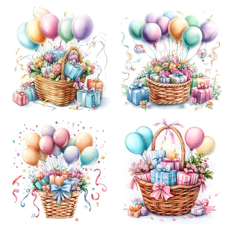 Puede incluir: Cuatro ilustraciones de acuarela de cestas de mimbre llenas de regalos envueltos en colores vivos y rodeadas de globos. Las cestas est&aacute;n decoradas con flores y cintas. Los globos son en tonos de rosa, azul, verde y amarillo.