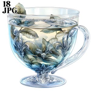 18 Clipart di tazze da tè di cristallo, Clipart di tè, Tazza da tè stampabile, Set da teiera, Set da tè in vetro, JPG di alta qualità, Diario spazzatura, Download digitale, Artigianato