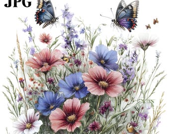 20 vildblommor Clipart, vildblommor bilder, botanisk clipart, högkvalitativa JPG-bilder, akvarell clipart, skräpjournal, digital nedladdning, hantverk