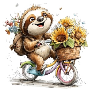 Puede incluir: Un perezoso de dibujos animados montado en bicicleta, con una cesta de girasoles y una mochila de flores. La bicicleta tiene partes rosas, amarillas, azules y verdes. El perezoso es marrón y sonríe. La imagen tiene un ambiente alegre y caprichoso.
