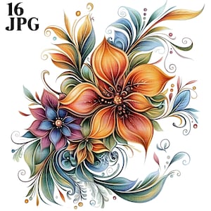 16 Folk Art Flower Clipart, Folk Clipart, Floral Clipart, Watercolor Clipart, Junk Journal, Digital Download, Craft Art, Clip Art, JPG