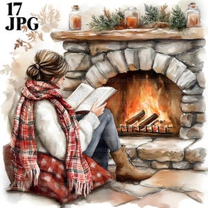 17 Clipart di donna che legge, accogliente caminetto, Clipart di lettura, Clipart di topo di biblioteca, JPG di alta qualità, diario spazzatura, download digitale, artigianato di carta