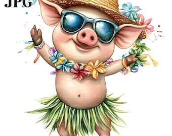 15 Cute Pig Clipart, Tropical Pig, Summer Clipart, High Quality JPGs, Watercolor Clipart, Junk Journal, Digital Download, Paper Craft