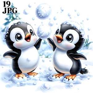 19 lindos pingüinos clipart, pingüino de dibujos animados, clipart de invierno, clipart de nieve, animal ártico, clipart de acuarela, descarga digital Junk Journal JPG