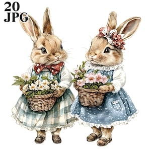 Konijntjes in jurken met bloemenmand clipartbundel, 20 hoogwaardige aquarel jpg's, lente, journaling, scrapbooking, digitale download