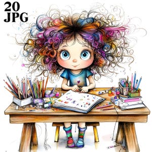 Clipart de estudiante peculiar, 20 archivos JPG de acuarela de alta resolución para diarios basura, álbumes de recortes, creación de tarjetas, descarga digital, chica caprichosa