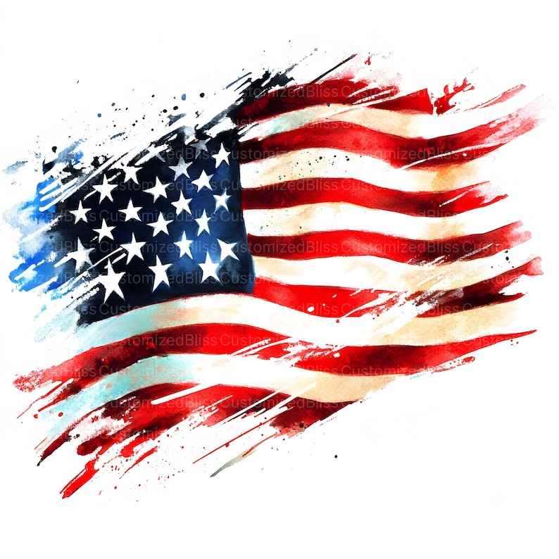 Op de afbeelding: Een aquarel schilderij van een Amerikaanse vlag met een verweerd, penseelstreek effect. De vlag is rood, wit en blauw met een vervaagde, vintage look.