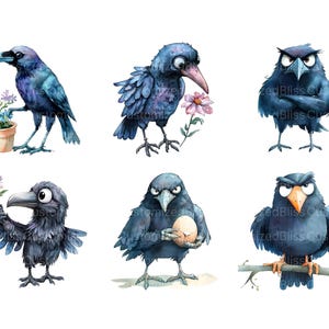 May include: Six watercolor illustrations of blue crows with different expressions. One crow holds a flower, one holds an egg, one is perched on a branch, and three are standing on the ground.