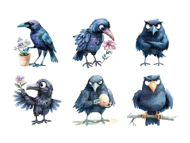 May include: Six watercolor illustrations of blue crows with different expressions. One crow holds a flower, one holds an egg, one is perched on a branch, and three are standing on the ground.