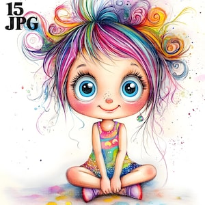 15 schrullig kleine Mädchen Clip Art, wunderliches Mädchen, sitzendes Mädchen, hochwertige JPGs, Aquarell Clipart, Junk Journal, Scrapbooking, Kartenherstellung